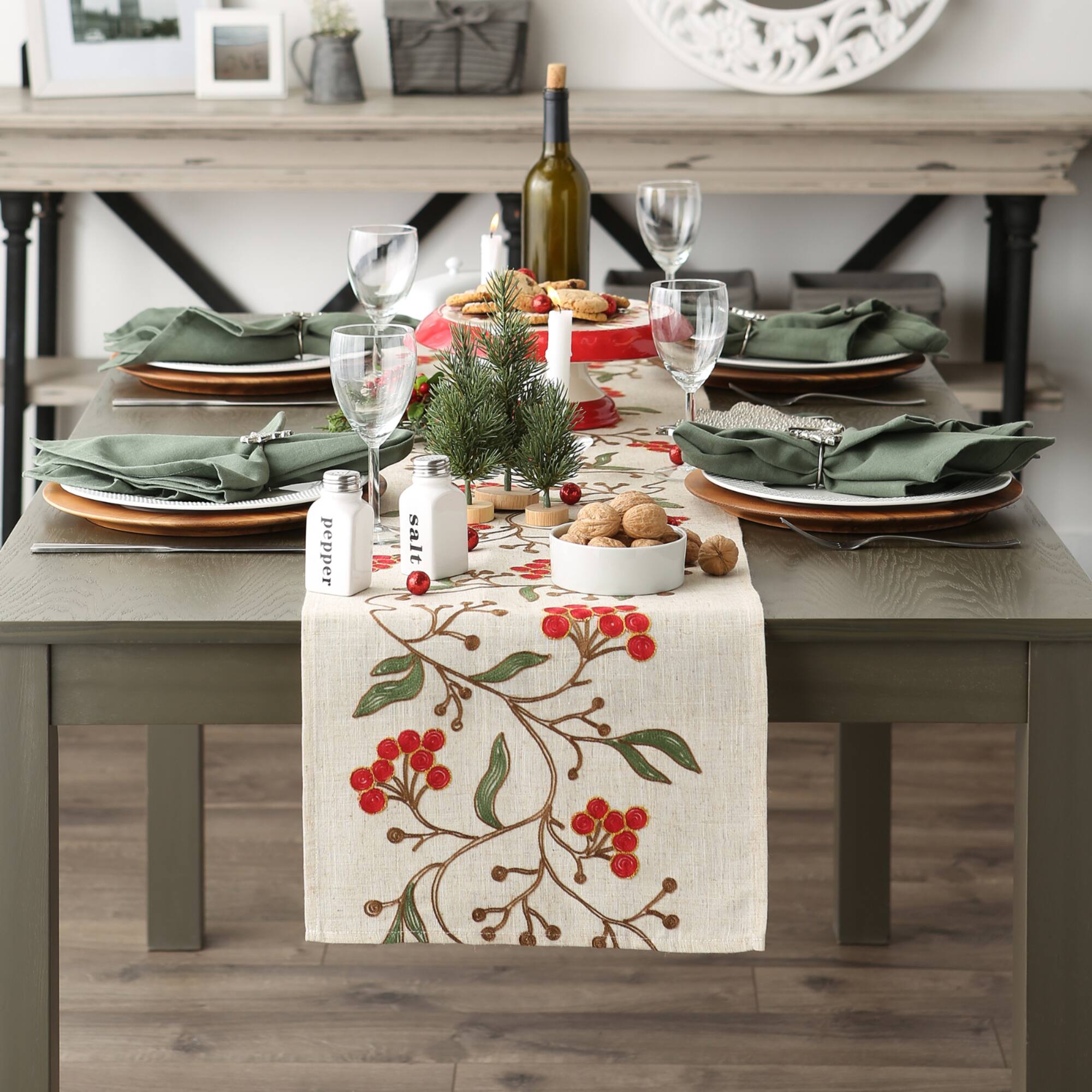 Winter Berries Embroidered Table Runner 14" x 70"